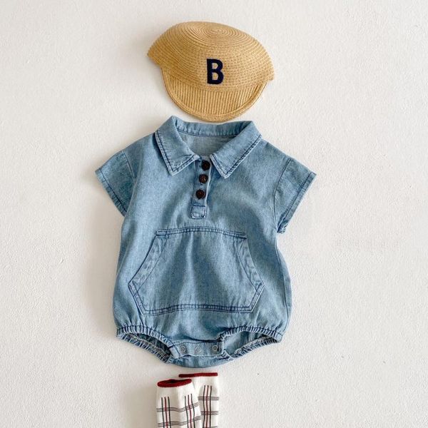 

rompers summer born infant boy girl fashion large pocket decoration bodysuit toddler baby denim short sleeve bodysuits, Blue