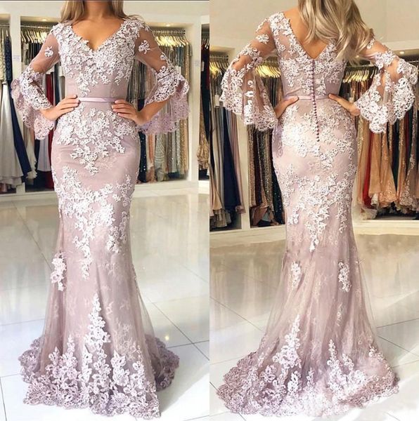 

2021 lavender v neck mermaid long evening dresses with long poet sleeves tulle 3d lace applique sweep train formal party prom gowns, Black;red
