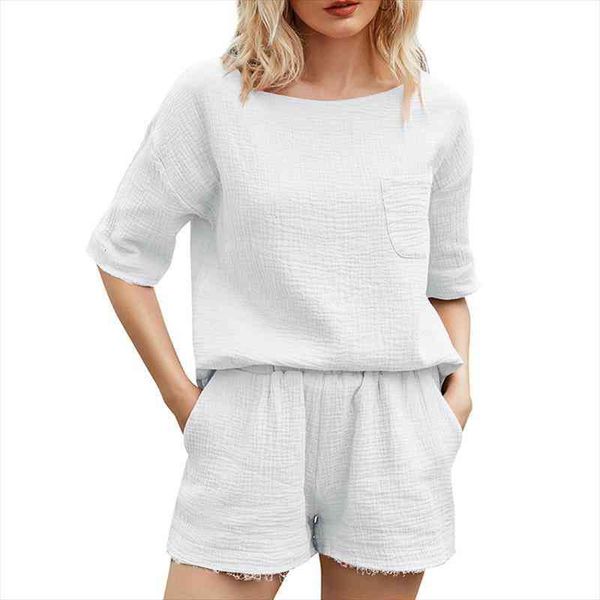 

cotton linen tracksuit women 2 piece set o neck pocket t shirt elastic shorts summer suit ladies loose fold sportwear, Gray