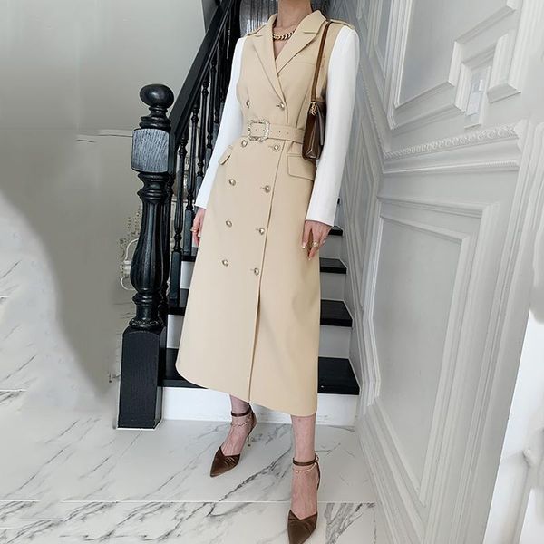 

women's suits & blazers [ewq] korea temperament blazer autumn 2021 notched office lady color matching double breasted long sleeve suit, White;black