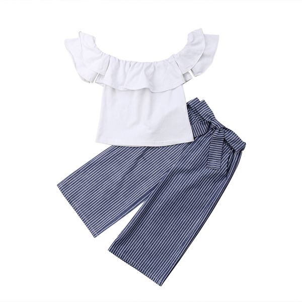 

1-6y summer toddler kids baby girls clothes 2pcs off shoulder short sleeve ruffles t-shirts +striped pants, White