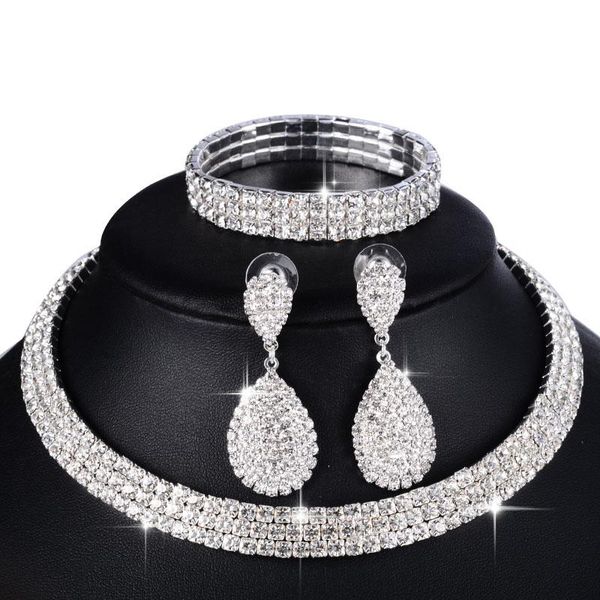 

earrings & necklace 3 pcs luxury wedding sets for women bridal bright crystal long earring elastic bracelet set silver color party gift