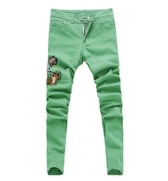 

pantmen's distressed slim fashion jeans pink yellow green denim trousers, Black