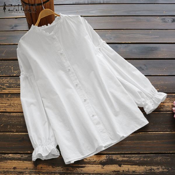 

blouses vintage ruffle shirts women's blouse 2021 casual long sleeve blusas button bluas female solid tunic plu size, White