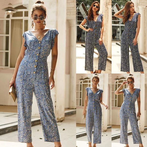 

women's pants & capris 2021 summer fashion v-neck floral jumpsuit casual straight 9-point, Black;white