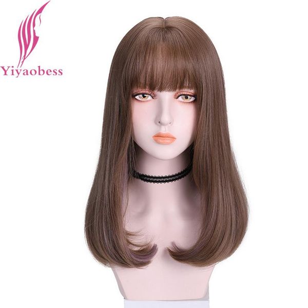 

yiyaobess medium long highlight purple brown wig with bangs straight synthetic hair wigs for black women cosplay heat resistant