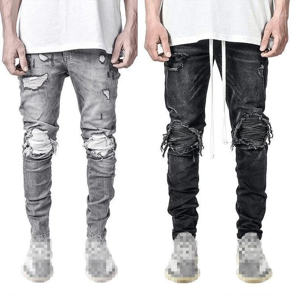 Jeans da uomo Jeans skinny strappati neri Moda stretch Slim Fit Vita media con frange effetto consumato Pantaloni hip-hop in denim grigio distrutto