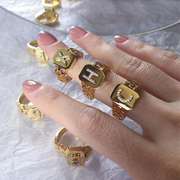 

cluster rings initials for women a-z 26 letter ring zircon stainless steel adjustable gold stacking band opening alphabet jewelry, Golden;silver