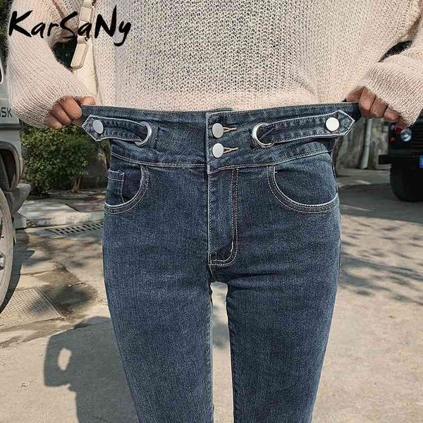 Skinny jeans mulher mulher cintura alta botão duplo jean magro mujer calças jeans primavera mulheres com cintura alta mulheres 210329