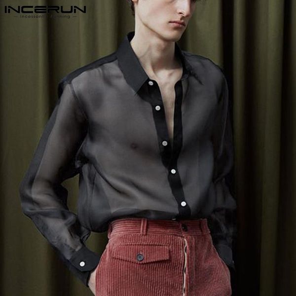 

men's casual shirts men shirt mesh patchwork see through streetwear long sleeve lapel fashion party nightclub camisa masculina 5xl, White;black