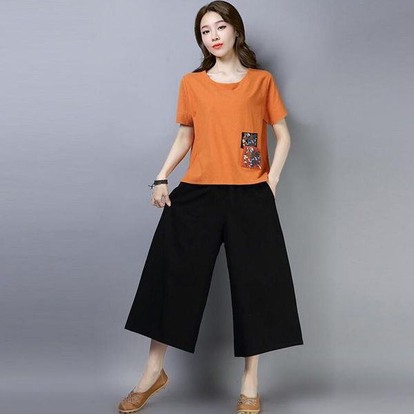 

summer 2 piece set women short sleeve o-neck casual fashion plus size cotton linen wide leg pants two women's tracksuits, Gray