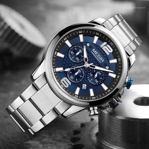 

wristwatches megir men watch stainless steel strap waterproof luminous wristwatch blue sports chronograph quartz man relogio masculino, Slivery;brown