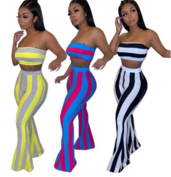 

casual striped set strapless womens tracksuits tube flare pants bell regular bottoms 2pcs fashion ladies outdoor summer clothing s, Gray