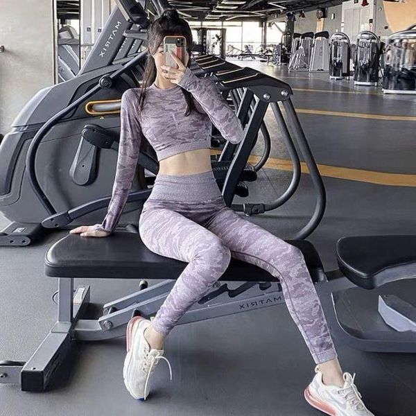 

gym clothing sportswear two-piece fitness suit women autumn winter tight long-sleeved shirts hip slim pants running yoga, White;black