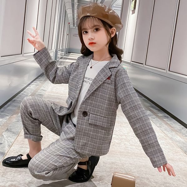 

girls suit set plaid pattern suit for girls jacket + pants children clothes girl spring autumn childrens clothing 6 8 10 12 1, White