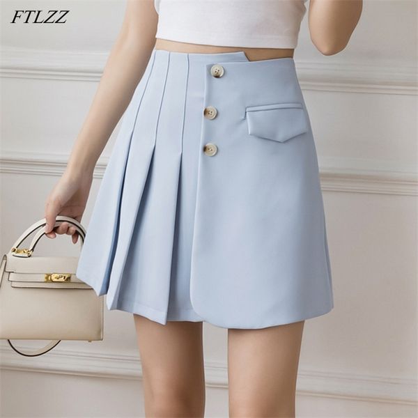 

spring summer women high waist asymmetrical ruffles button mini skirt casual female slim black short ladies skirts 210430