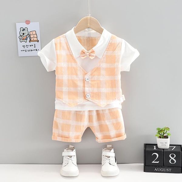 

summer casual suit two-piece short-sleeved shorts set lovely sports tourism plaid bow tie pure cotton breat clothing sets, White