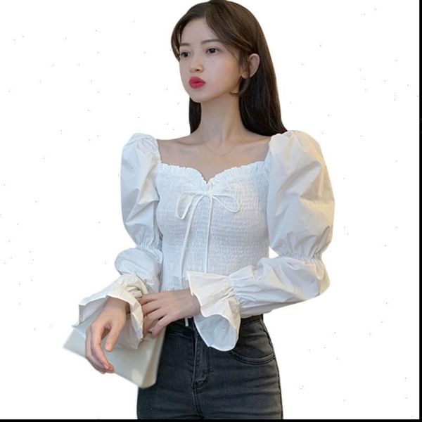 

women french shirt style elegant blouses square collar slim short ladies spring and autumn long sleeved black white