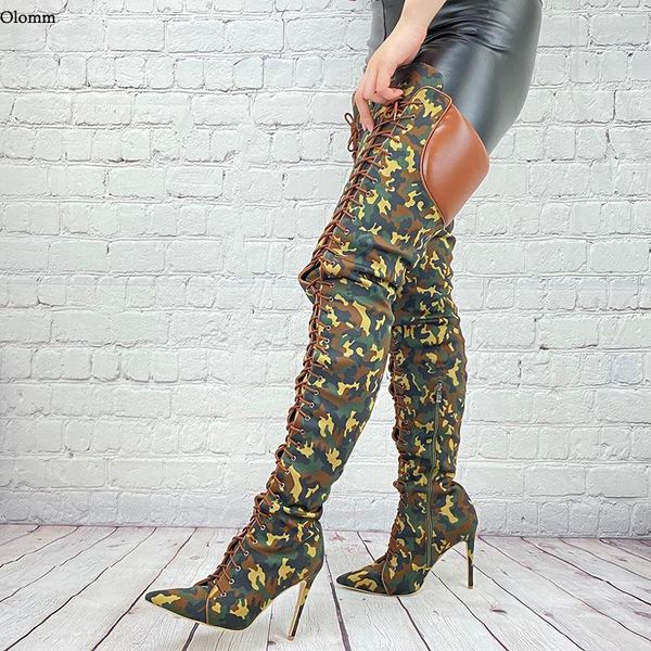 

boots olomm 2021 women winter thigh stiletto high heels pointed toe camouflage party shoes plus us size 5-15, Black