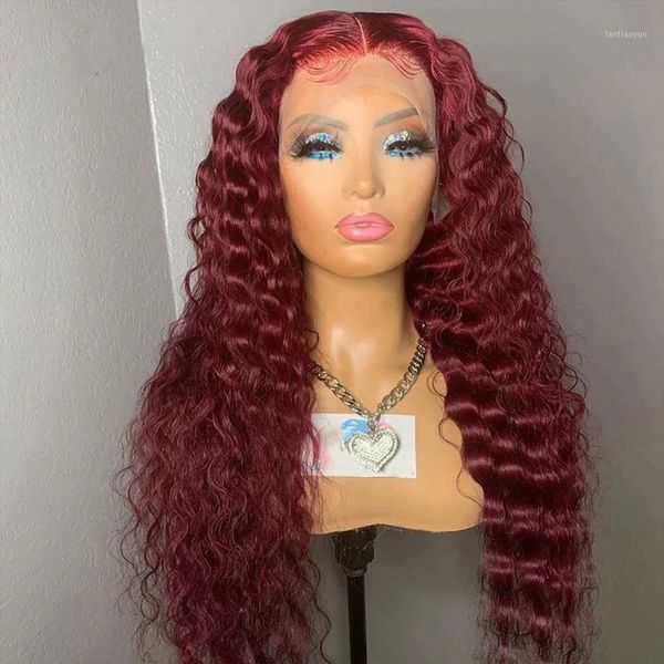 

deep wave wine red lace closure wig 180 density brazilian remy human hair wigs with baby wet and wavy 4x4 frontal1, Black;brown