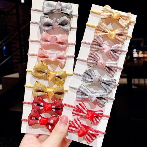 

hair accessories 10pcs/set small stripe bows with elastic bands for kids girls ponytail candy color bowknot ropes ties, Slivery;white