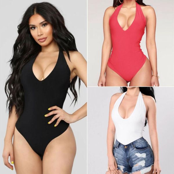 

women's jumpsuits & rompers 2021 female bodysuit women v-neck halter bustier solid sleeveless backless plain skinny costume, Black;white