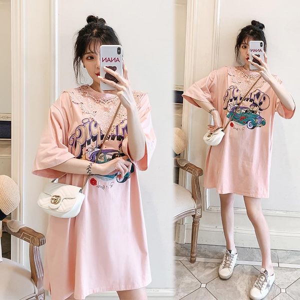 

maternity dresses 2028# dress summer cotton t shirt o neck short sleeves loose stylish pregnant women mom, White