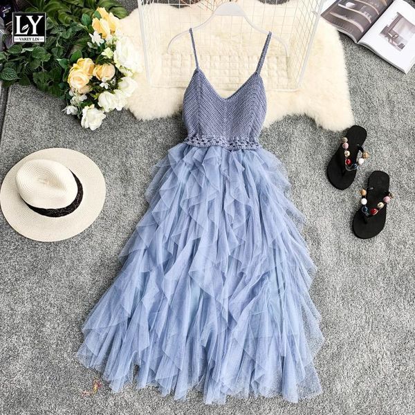 

casual dresses ly varey lin 2021 women summer mesh tulle dress high waist hem asymmetrical pleated fairy female slim, Black;gray