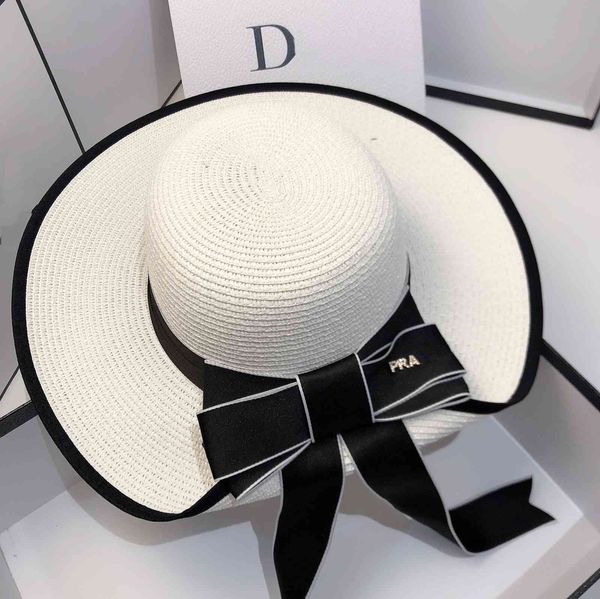 

signature bow straw hat summer new versatile sunshade fisherman's hat fashion beach anti ultraviolet hat women's fashion, Black;white