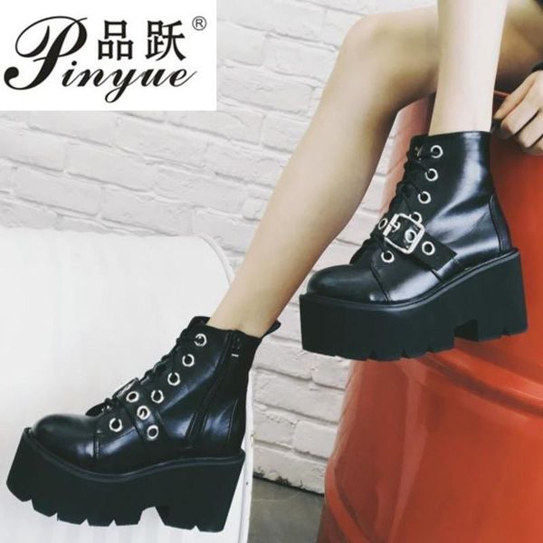 

boots combat for women platforms block high heel punk shoes gothic rivet buckle ankle military big size 35-39, Black