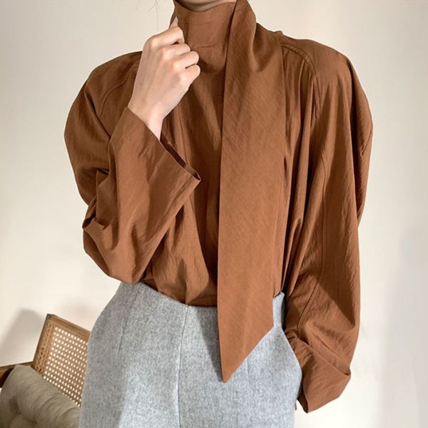 

spring women fashion casual blouse stand collar long-sleeved lantern sleeve minimalist lace up loose shirt 8q817 210510, White