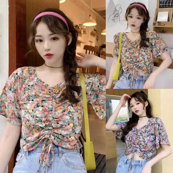 

women's t-shirt 2021 women chiffon vintage floral drawstring v neck crop short sleeve v-neck shirt, White