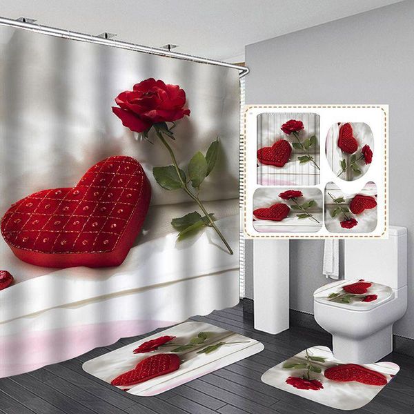 

valentine's day shower curtain 3d digital printing bathroom products 4-piece set for home / el party decoration curtains