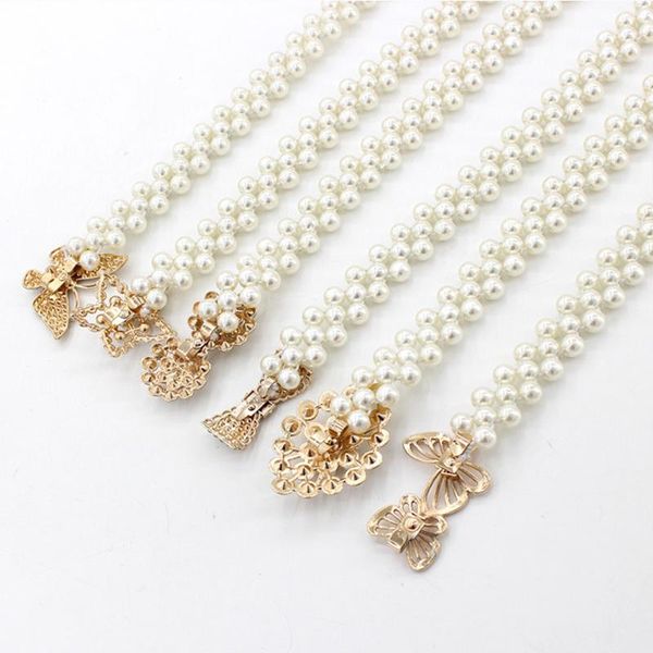 

elegant womens pearl crystal belt waist flower elastic buckle chain cummerbunds female girls dress strap waistband gift belts, Black;brown