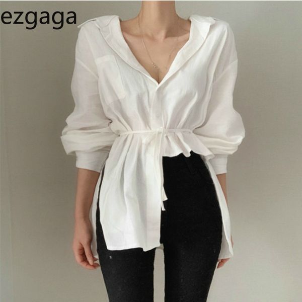 Ezgaga французский стиль офис леди рубашки шикарный воротник с длинным рукавом белый тонкий талии кружев нерегулярных рубашек женские топы 210430