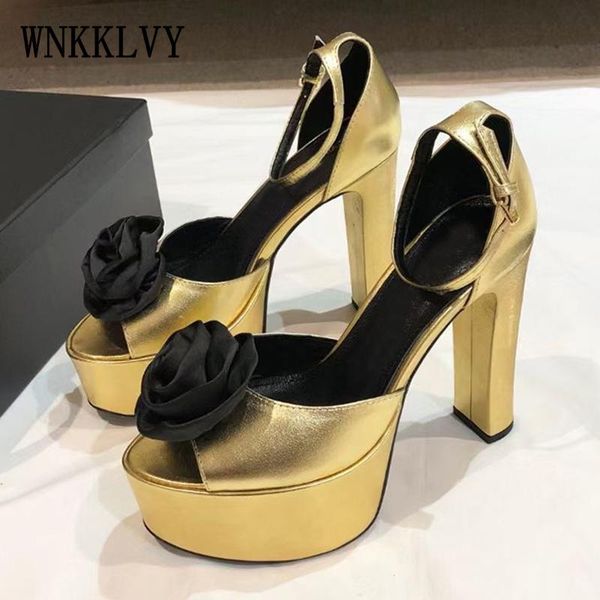

dress shoes runway gold sandals women flowers peep toe high heel ankle strap gladiator sandalias summer party for ladies, Black