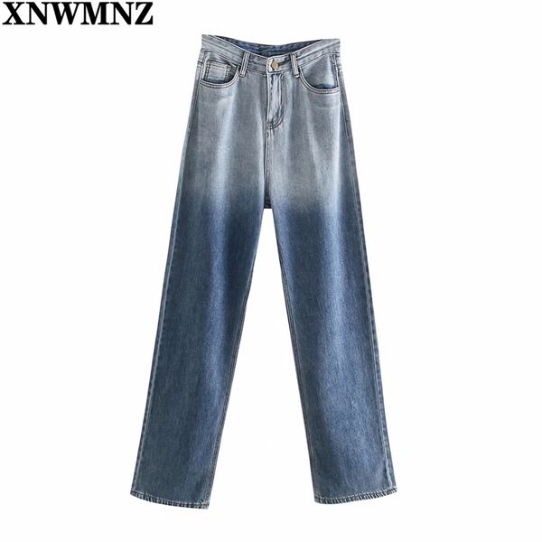 Mulheres moda jeans vintage coreia chique gradiente patchwork cintura alta denim feminino streetwear calças retas calças 210520