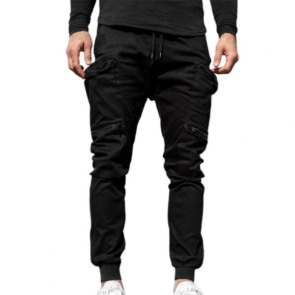 

men's pants men long multi solid color zipper pockets training trousers ankle tied mid waist cargo sweatpants clothe, Black