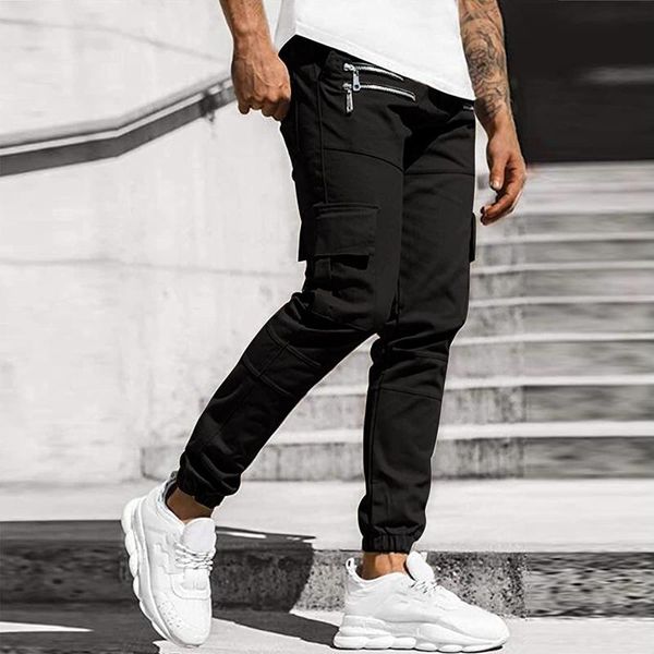 

men's pants cargo men sweatpants gyms fitness workout solid man joggers mens multi-pocket sportswear trousers pantalones, Black