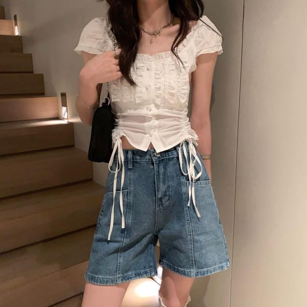 

women's shorts summer thin girl cowboy small high waist straight tube 5-point middle pants wide leg a-word, White;black