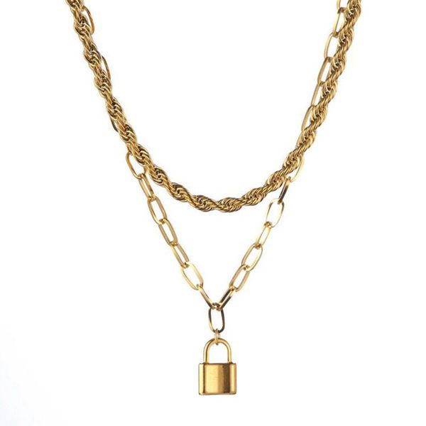 

pendant necklaces stainless steel chunky paper clip twist chain padlock necklace for women girls multilayer choker hip hop jewelry, Silver