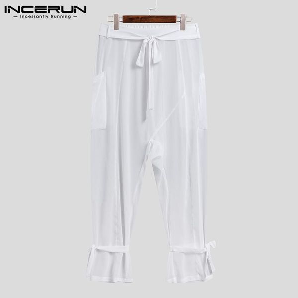 

men's pants men trousers fashionable casual male see-though long sleeve micro-permeable style lace-up pantalons incerun 2021, Black