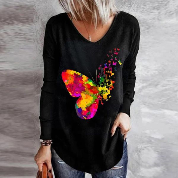 

women's t-shirt autumn y2k aesthetic clothes 2021 womens tie-dye butterfly t-shirts o-neck long sleeve tees vetement femme a40, White