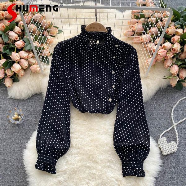 

women's blouses & shirts french fashion dots ruffled slim fit pullover for women 2021 fall sweet all-matching long sleeve, White
