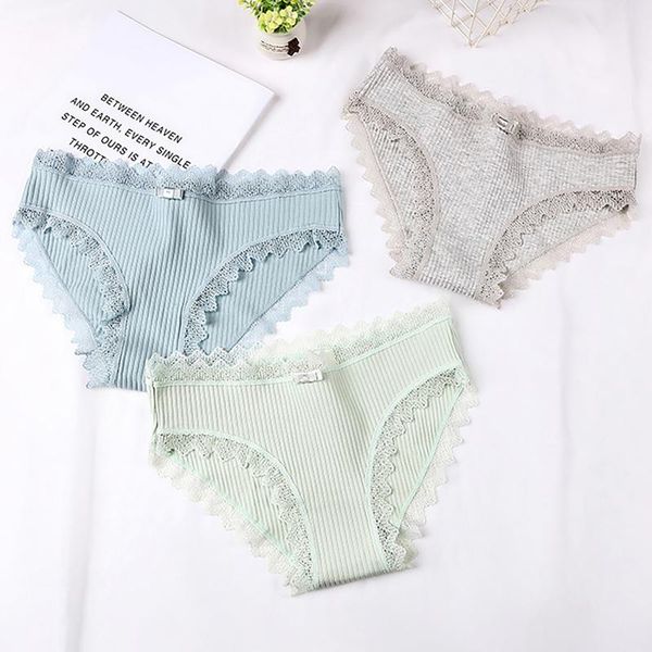 

women's panties 3pc cotton crotch seamless cute underpants for female solid color vertical pattern lace trim lingerie mujer, Black;pink