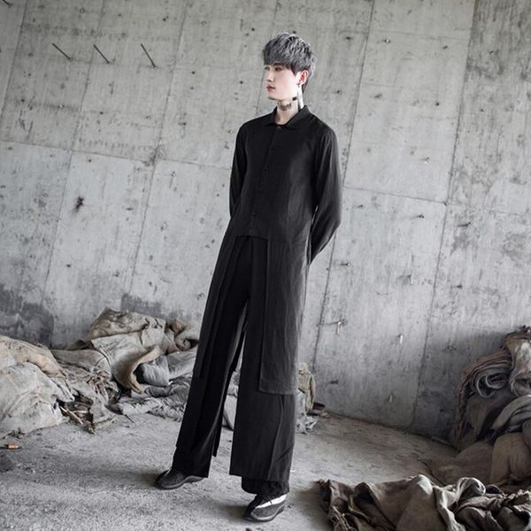 

men chinese style long sleeve linen shirts nightclub singer irregular stage costume mens casual punk dress camisa men's, White;black