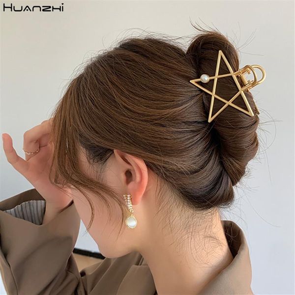 

hair clips & barrettes huanzhi 2021 korean geometry star shell gold color metal simple hollow grip claw clip for women girls bath accessorie, Golden;silver