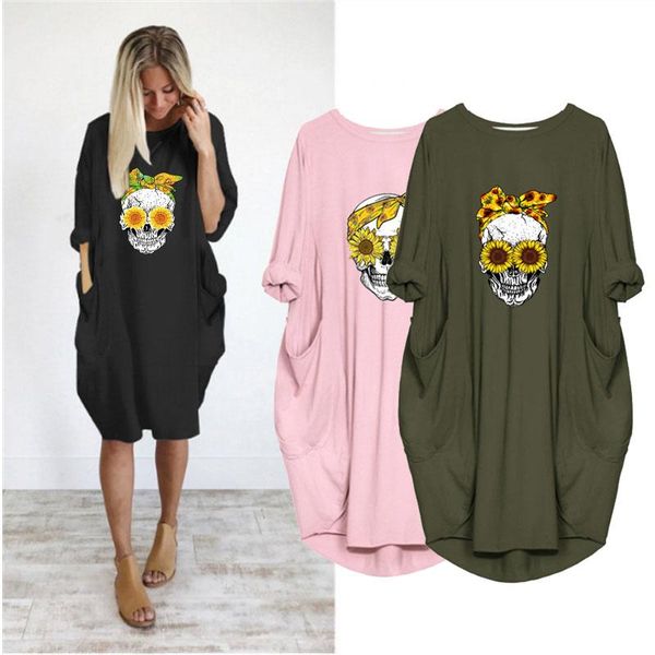 

plus size women sunflower&skull print dresses casual long sleeve o neck pocket autumn loose vintage vestidos femme streetwear, Black;gray