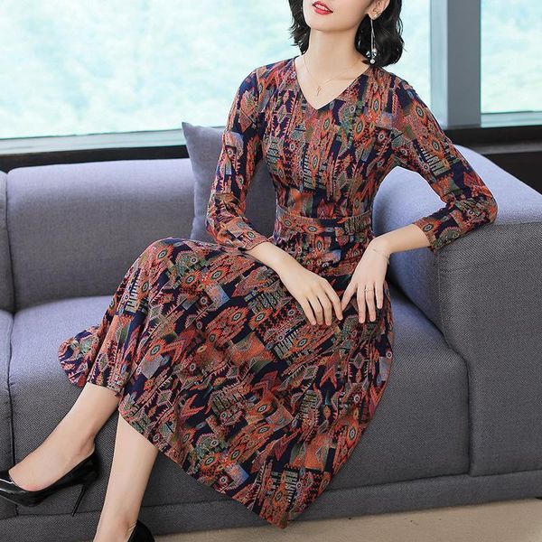 

casual dresses 2021 autumn floral print long dress sleeve vintage plus size v-neck woman party vestidos s-3xl, Black;gray