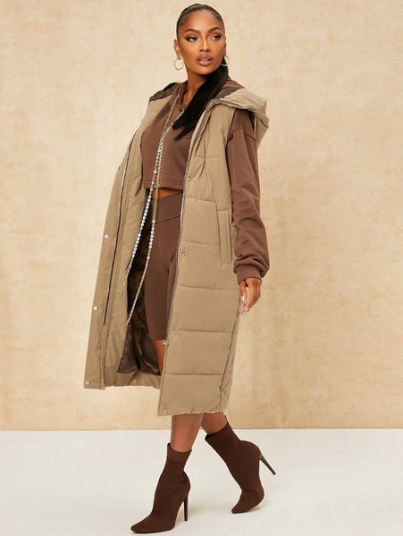 

sxy zipper hooded longline vest puffer coat l92v#, Black